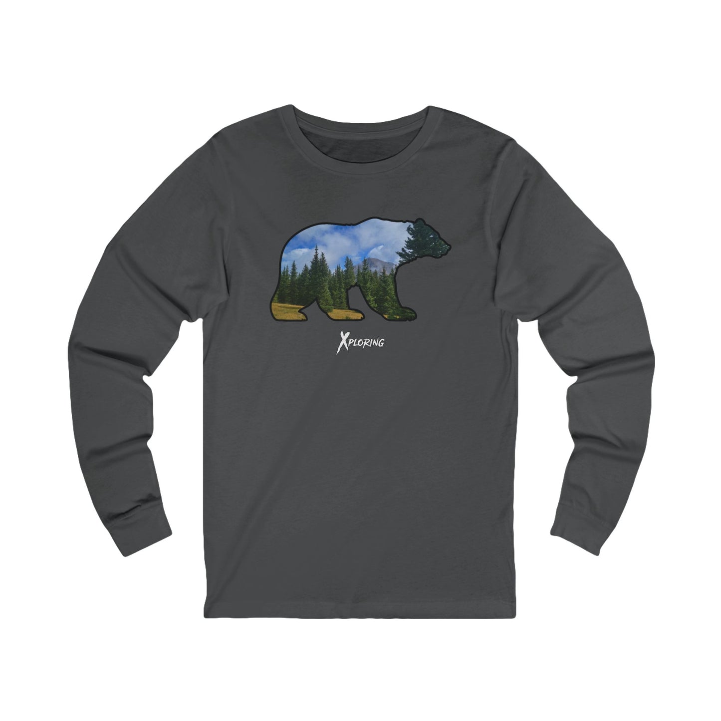Xploring Bear Landscape Long Sleeve Tee, Unisex Nature Shirt, Outdoor Apparel, Gift for Adventurers, Wilderness Clothing, Hiking Fashion